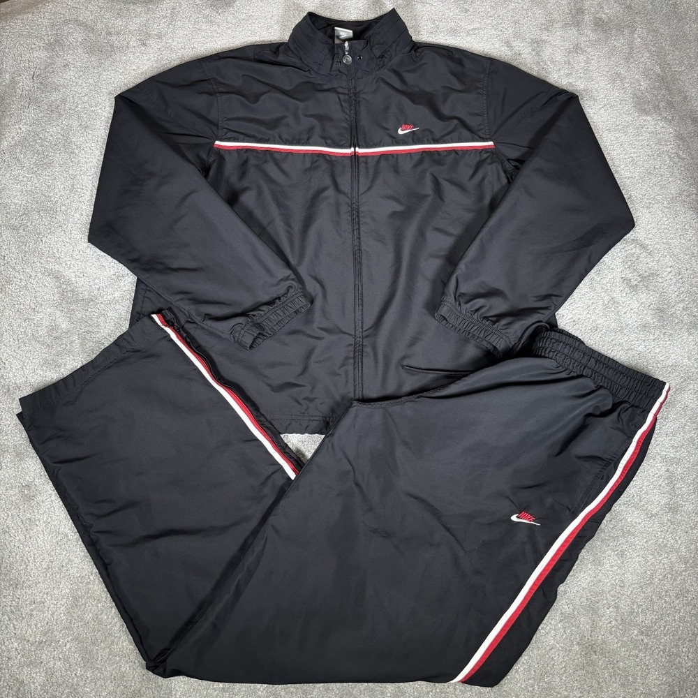 Vintage Nike Track Suit Black Red Striped Windbreaker Jacket Mens 2XL Pants XL